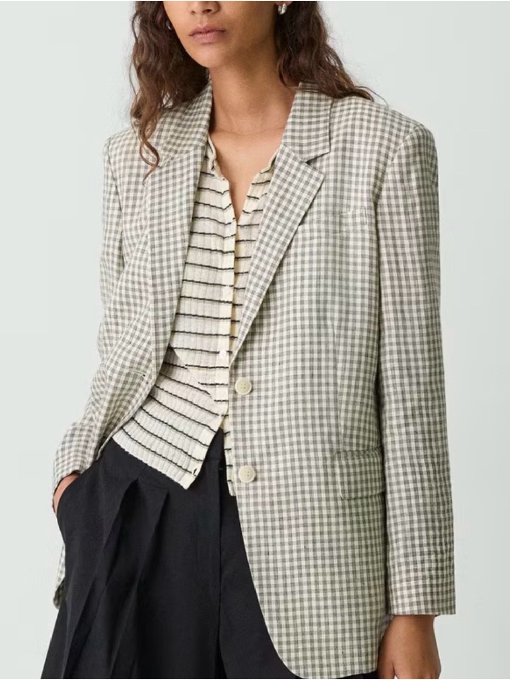 Theory Checkered Linen Single Breasted Fall Blazer in Cream and Black Size 2